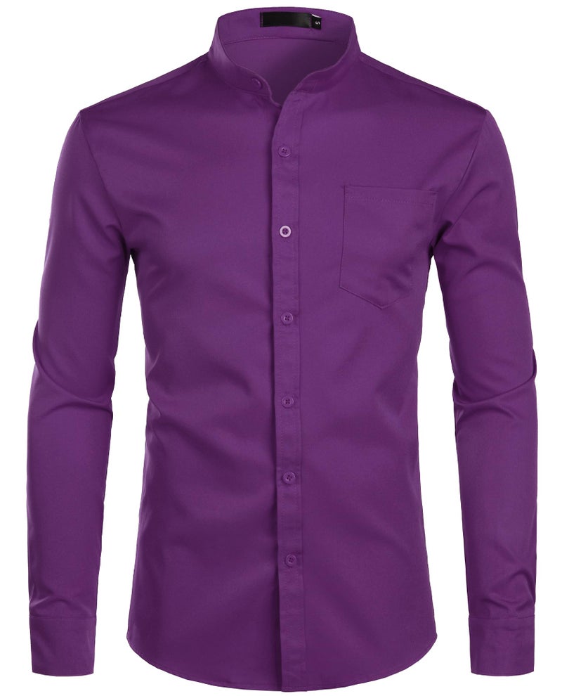 ZEROYAA Men's Banded Collar Slim Fit Long Sleeve Casual Button Down Dress Shirts with Pocket ZLCL09 Purple Medium - Image 1
